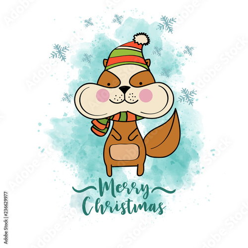 Doodle Christmas card with dressed squirrel