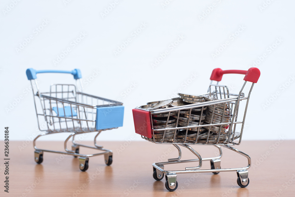 shopping cart with coins shopping cart with coins