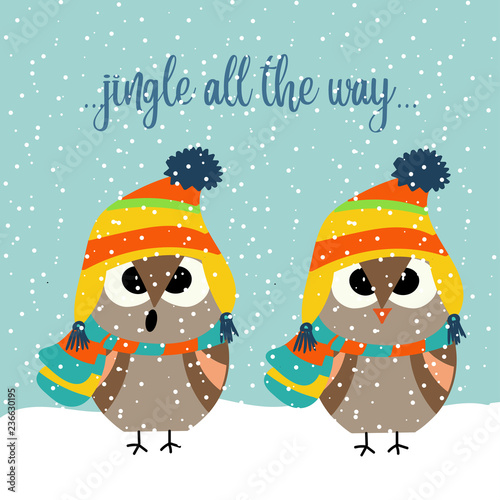 Cute Christmas card with owls singing carols