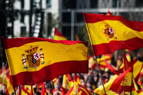 Valokuva Spanish Flags waving during a protest for the unity of Spain