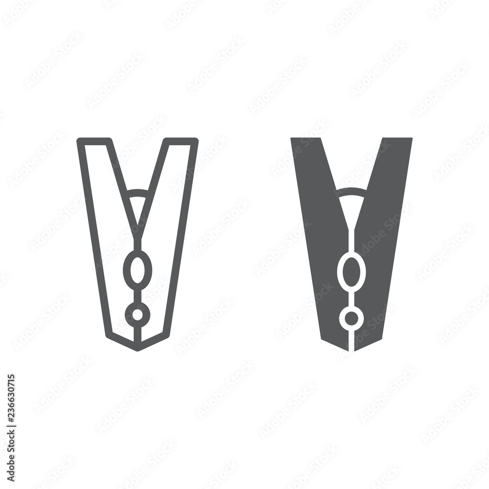 Clothespin line and glyph icon, laundry and clothes, clamp sign, vector graphics, a linear pattern on a white background. Clothespin line and glyph icon, laundry and clothes, clamp sign, vector graphics, a linear pattern on a white background.