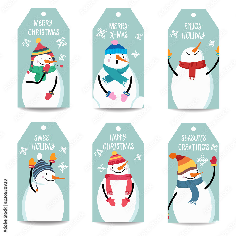 Obraz premium Christmas labels collection with snowman, isolated items on white background