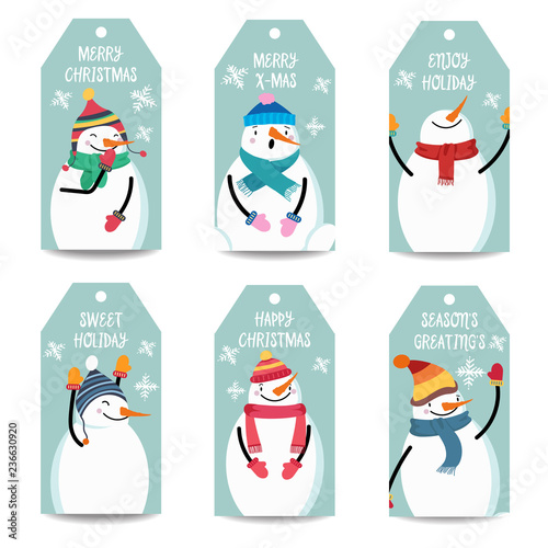 Christmas labels collection with snowman, isolated items on white background