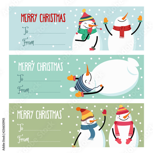 Cute flat design Christmas labels collection with snowman isolated on white backhround