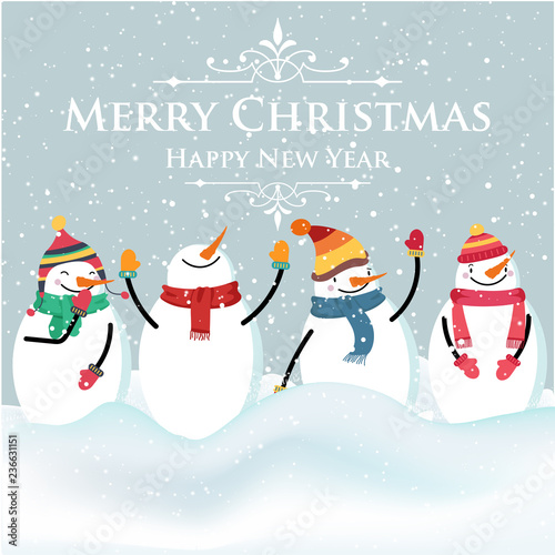 Beautiful flat design Christmas card with snowman and wishes