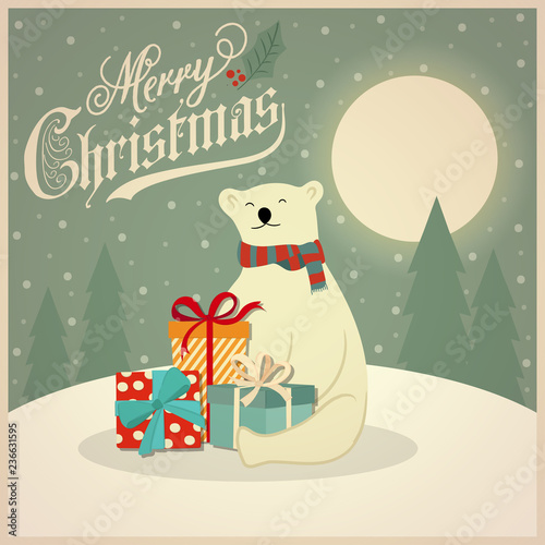 Christmas card with polar bear and gift boxes