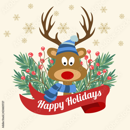 Funny Christmas card with tree branches and reindeer