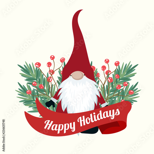 Christmas card with tree branches and gnome