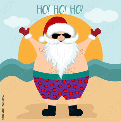 Christmas card with santa at beach