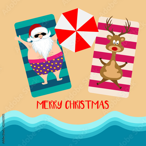 Christmas card with santa and reindeer at beach