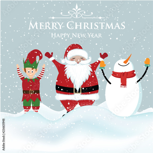 Santa, elf and snowman. Christmas card
