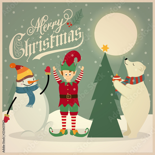 Retro Christmas card with polar bear, elf and snowman that adorns  the Christmas tree.