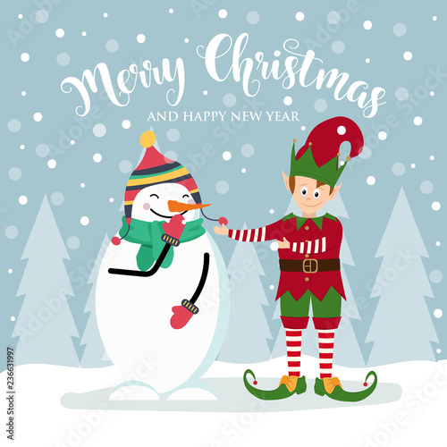 Christmas card with cute elf and snowman.