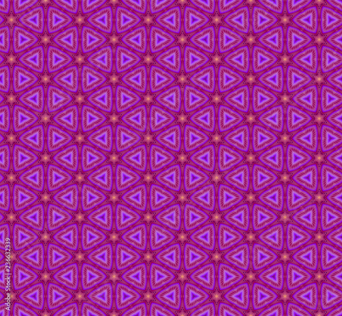 Seamless hexagonal pattern from abstract triangle ornaments in pink and lilac colors on a purple background. Vector illustration. Suitable for fabric, wallpaper and wrapping paper