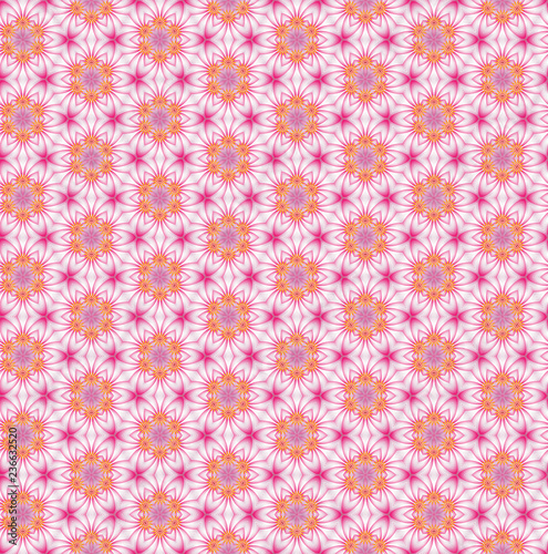 Seamless hexagonal pattern from circular abstract floral ornaments in pink and orange colors on a light background. Vector illustration. Suitable for fabric, wallpaper and wrapping paper