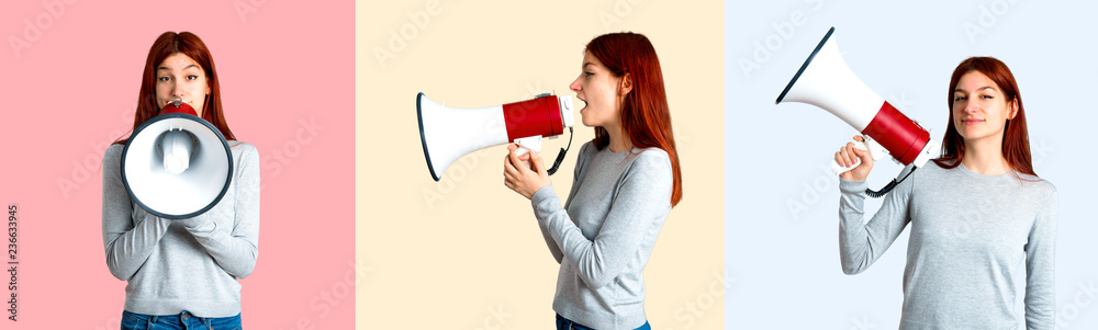 Set of Young redhead girl shouting through a megaphone to announce something in lateral position Set of Young redhead girl shouting through a megaphone to announce something in lateral position