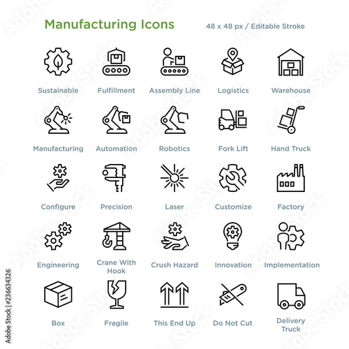 Manufacturing Icons - Outline styled icons, designed to 48 x 48 pixel grid. Editable stroke.