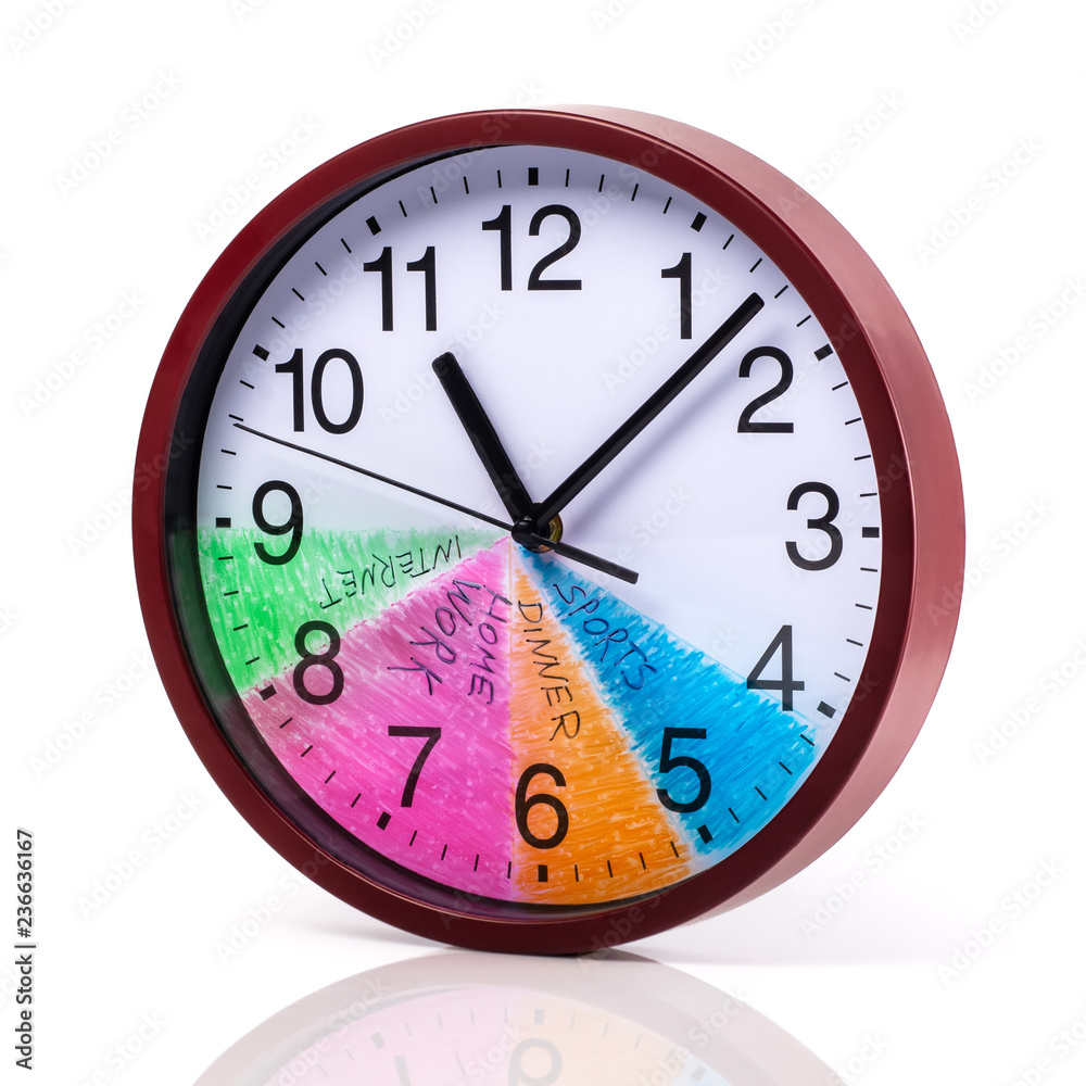 Time management concept: Round clock with a colored dial and action plan for a day on a white background. Time management concept: Round clock with a colored dial and action plan for a day on a white background.