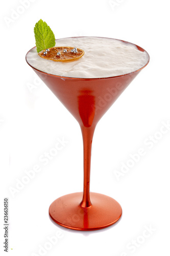 Alcohol coctkail with whipped cream and mint isolated on white photo