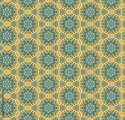 Seamless hexagonal pattern from circular abstract floral ornaments in green and yellow colors. Suitable for fabric, wallpaper and wrapping paper