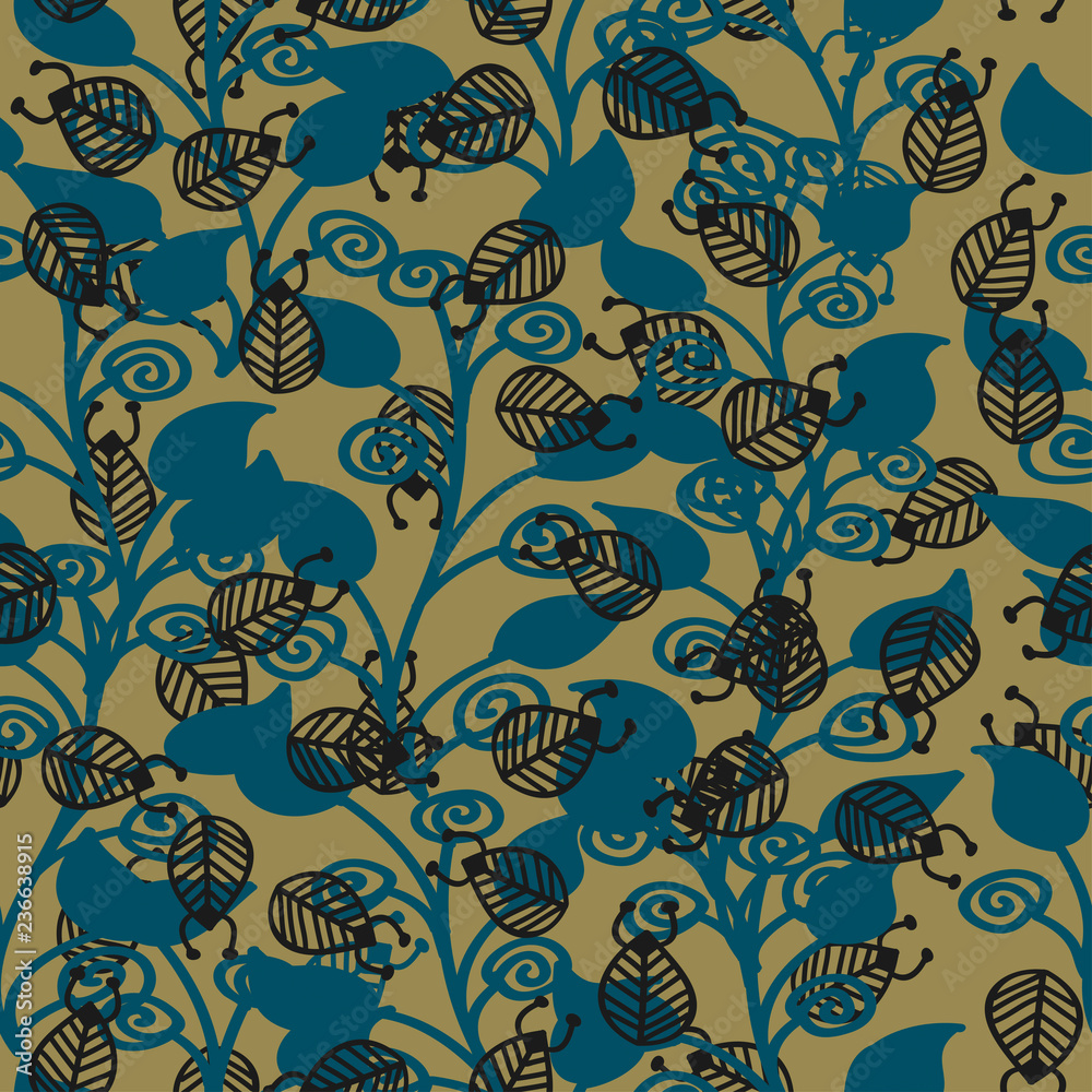 Fototapeta premium branches with blue leaves with black insects on a green color