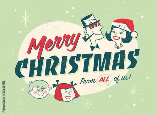 Vintage Style Christmas Postcard. Merry Christmas From All of Us! - Editable EPS10. 