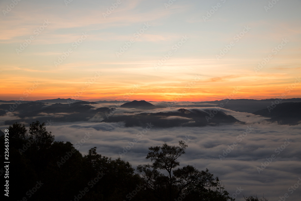 Doi Puico, Sobmei, Maehongsorn, Thailand. Moring sea of mist all round. Beautiful morning scene at top of the mountain.