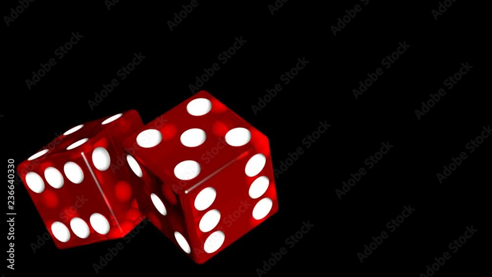 reflective looping pair of spinning red dice close up over black background