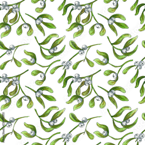 Herbal Seamless Pattern of Watercolor Green Mistletoe