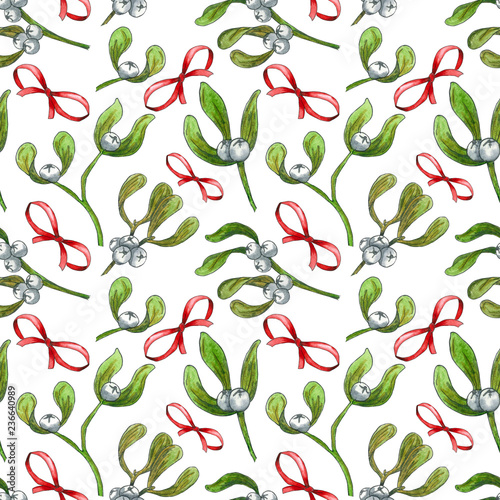 Herbal Seamless Pattern of Watercolor Green Mistletoe and red bows
