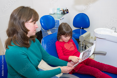 A mother is showing her daughter a dental X-ray.