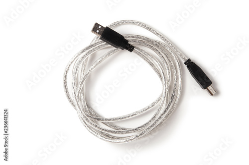 USB wire type B on white background with shadow isolated