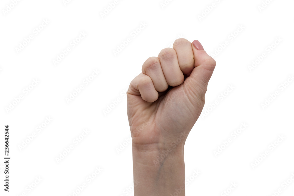 Voting right. Feminism. Female fist up. Gesture with a fist. Woman holds a secret in her hand on a white background. Guess what hand game. Voting right. Feminism. Female fist up. Gesture with a fist. Woman holds a secret in her hand on a white background. Guess what hand game.