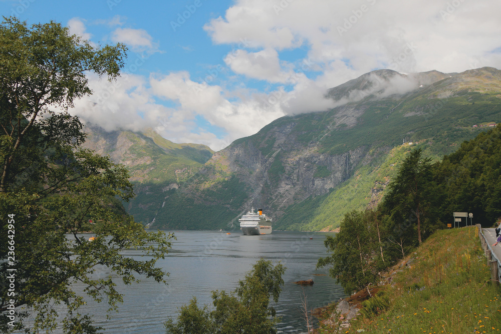 Cruise liner on parking in Geirangerfjord, Stranda, Norway
