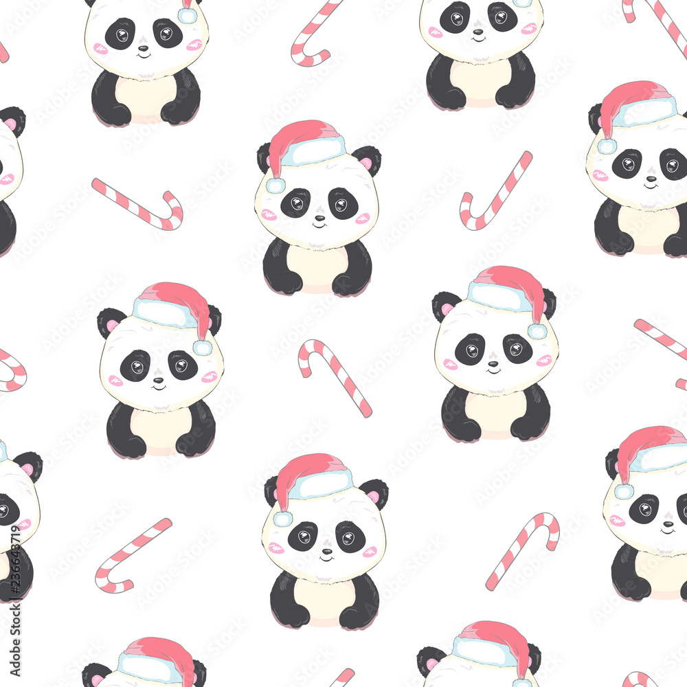 Seamless pattern with panda bear in red Santa's bag cartoon character and candy cane, Christmas sugar lollipop striped stick. Repeated pattern for Merry Christmas and Happy New Year. Xmas mood. Seamless pattern with panda bear in red Santa's bag cartoon character and candy cane, Christmas sugar lollipop striped stick. Repeated pattern for Merry Christmas and Happy New Year. Xmas mood.