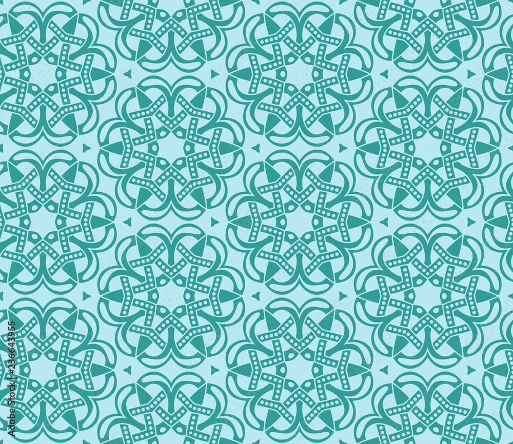 Seamless pattern from circular abstract floral ornaments in medium turquoise color on a pale turquoise background. Vector illustration. Suitable for fabric, wallpaper and wrapping paper