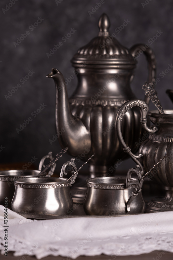 Old Antique Tin Set for coffee on gray background