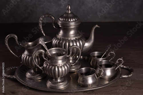 Old Antique Tin Set for coffee on gray background