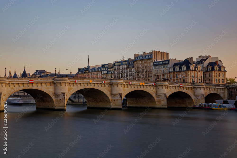 Paris, France - November 17, 2018: Pont neuf bridge and haussmann buildings in Paris at sunset