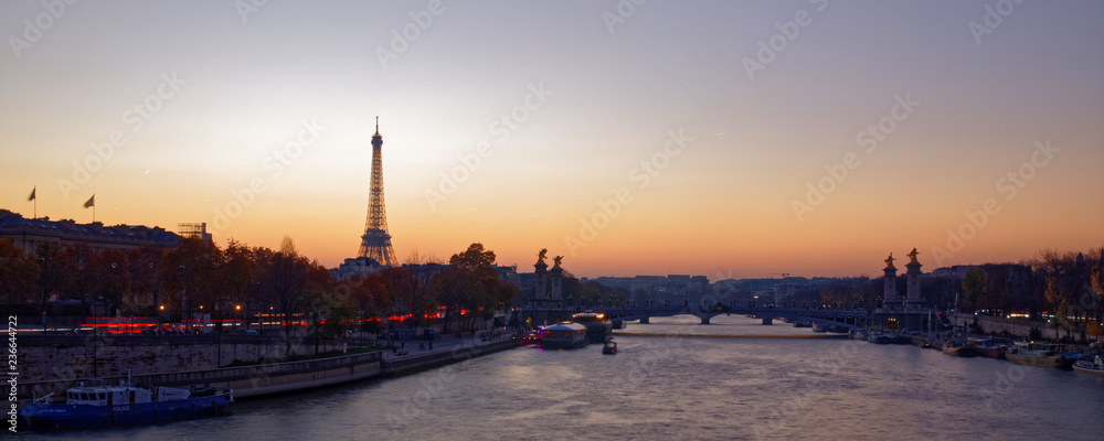 Paris, France - November 17, 2018: Alexandre 3 bridge and Eiffel tower at sunset in Paris