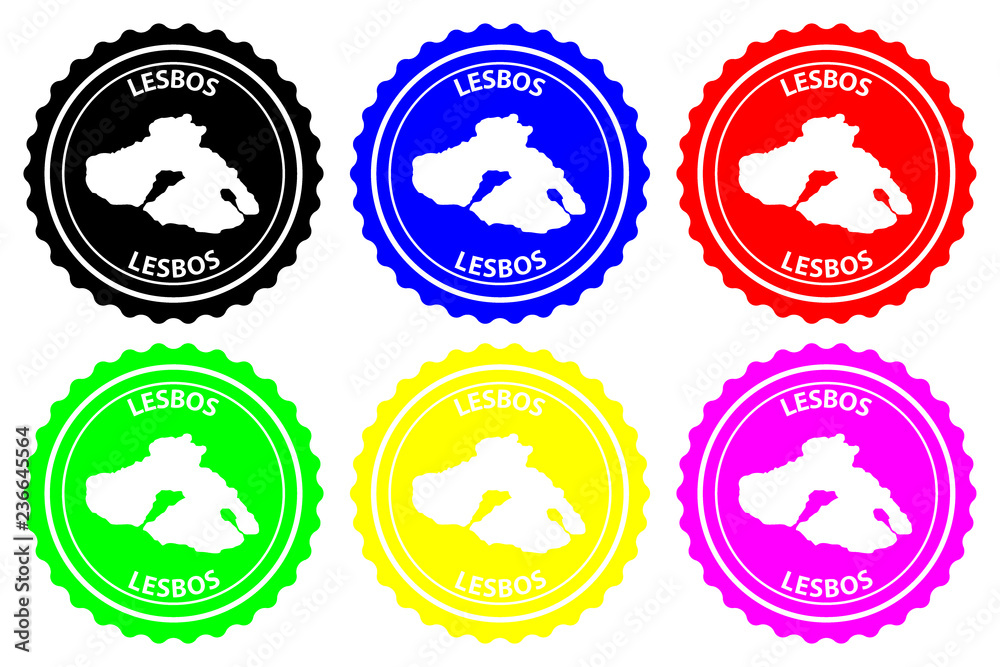 Lesbos - rubber stamp - vector, Lesbos island map pattern - sticker - black, blue, green, yellow, purple and red