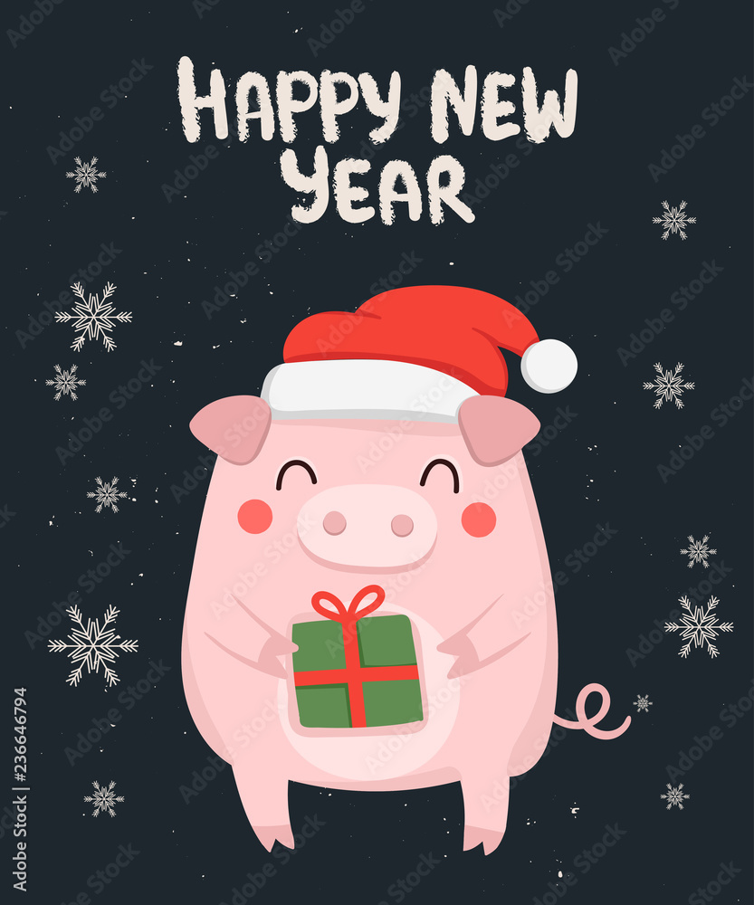 Creative postcard for New 2019 Year with cute pig and winter slogan