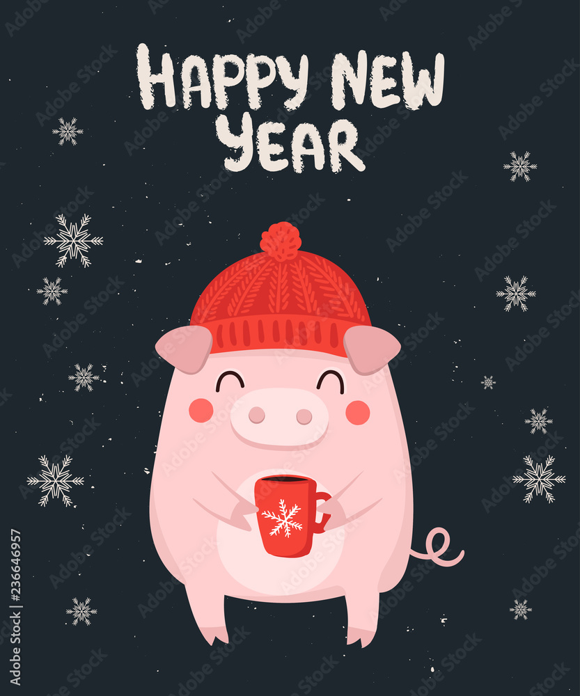 Creative postcard for New 2019 Year with cute pig and winter slogan