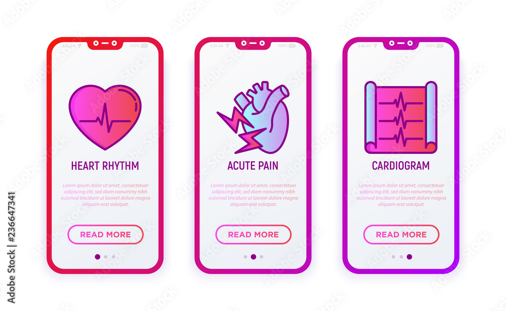Heart attack symptoms thin line icons set: heart rhythm, cardiogram, acute pain. Modern vector illustration for user mobile interface. Heart attack symptoms thin line icons set: heart rhythm, cardiogram, acute pain. Modern vector illustration for user mobile interface.