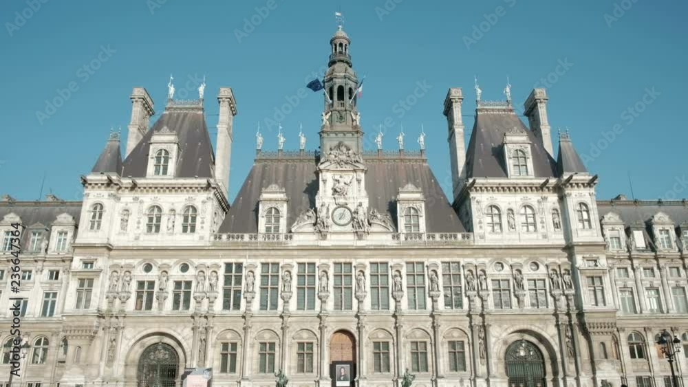 Camera still view of centered front facade of Hotel De Ville city hall in Paris, France Camera still view of centered front facade of Hotel De Ville city hall in Paris, France