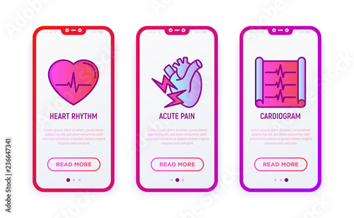 Heart attack symptoms thin line icons set: heart rhythm, cardiogram, acute pain. Modern vector illustration for user mobile interface.