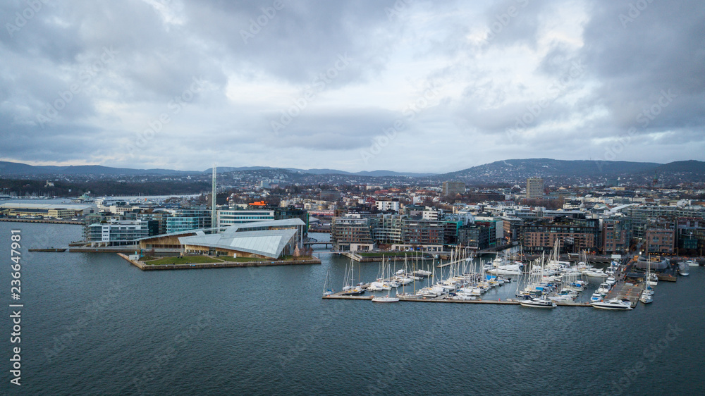 Aerial drone footage over Aker Brygge in Oslo, Norway