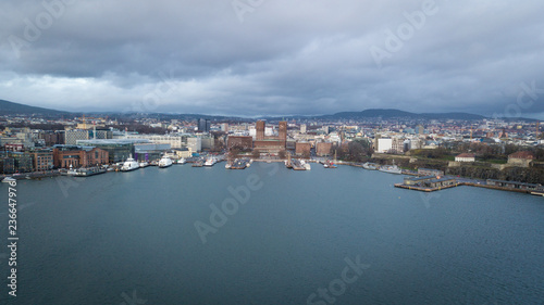 Aerial drone photo over Aker Brygge and City Hall in Oslo, Norway