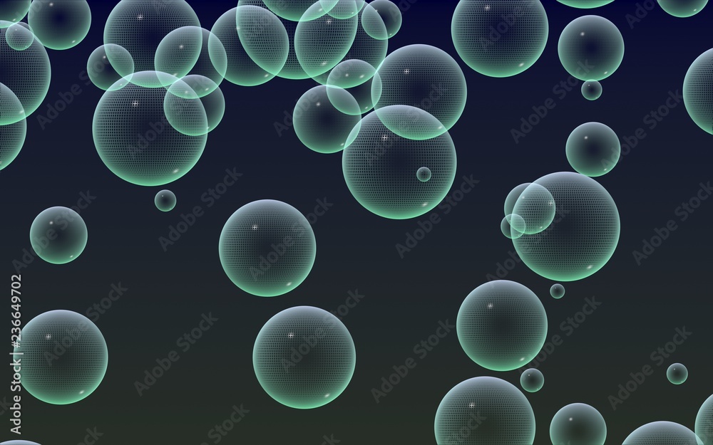 Dark background green mesh bubbles. Wallpaper, texture with bubble. 3D illustration