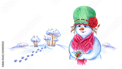Snowman girl in a hat and scarf with a gift on the background of a winter landscape with snowdrifts and bushes, watercolor illustration on a white background. New Year, Christmas card, banner, etc.